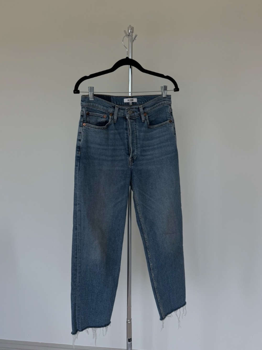 RE/DONE High Rise Straight Leg Jeans Size 28 Medium Wash Raw Hem